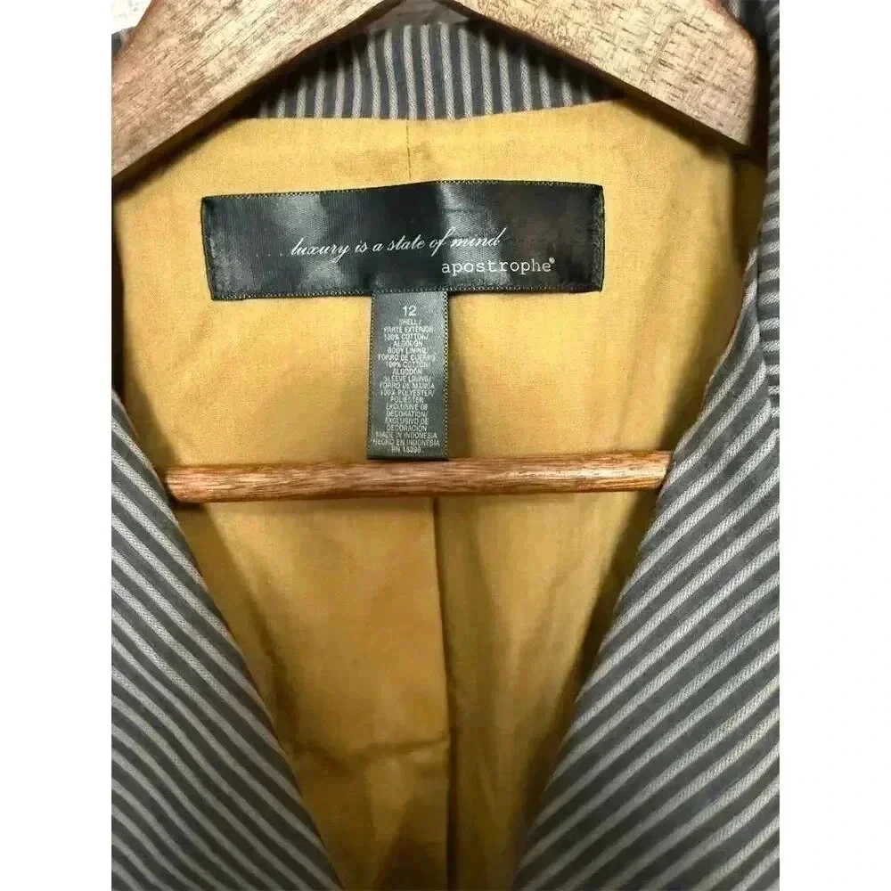 Apostrophe Women's Striped Jacket Size 12 Navy Button-Up Belted Waist - Picture 2 of 10